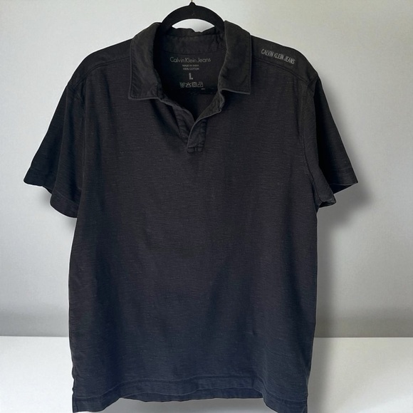 Calvin Klein Jeans Black Slub Cotton Buttonless Polo – Short Sleeve, Size L - Picture 1 of 1
